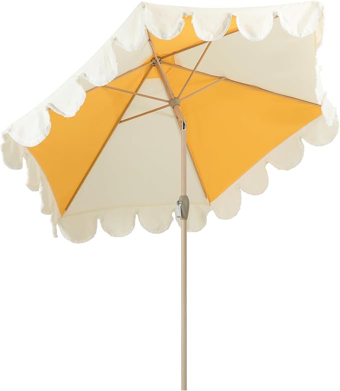 Tempera 9ft Scalloped Patio Umbrellas with Fringe, Market Umbrellas with Water-Resistant and Fade Resistant Canopy, 1.5" Wood Pole & Button Tilt.