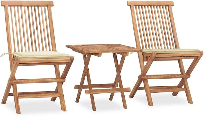 3 Piece Folding Patio Dining Set with Cushions Solid Teak Wood Outdoor Table and Chairs for Garden Backyard Space Saving Heavy Duty Weather Resistant Cream