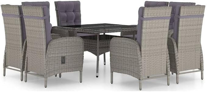 Afuera Living Synthetic Poly Rattan Patio Dining Set, 47.2 x 47.2 in Table, Gray Finish, 8 Armchairs with Cushions, Weather-Resistant, Modern Outdoor Furniture for Garden, Terrace, Backyard Dining