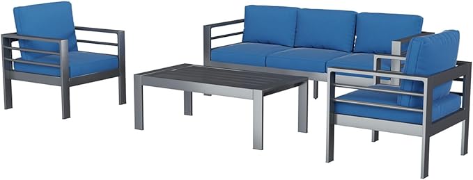 AECOJOY Aluminum Patio Furniture Set, 5 Seats Modern Outdoor Furniture with Coffee Table, 4 Pieces Metal Conversation Sectional Sofa, Blue