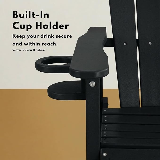WILLIAMSPACE Patio Bar Chair Bar Stool, Outdoor All Weather HDPE Height Adirondack Chair with Armrests & Cup Holder, 1-Piece Counter Height Chair for Pool, Garden, Kitchen, ONLY 1 Chair (Black)
