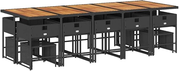 15-Piece Garden Dining Set, Synthetic Poly Rattan Patio Furniture with Acacia Wood Tabletop, Outdoor Seating for 14, Foldable and Stackable Design