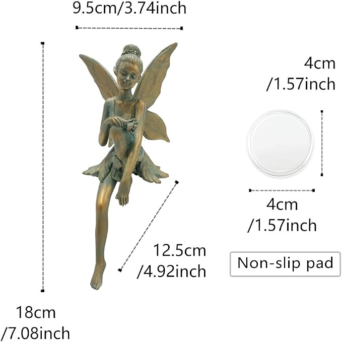Vintage Bronze Sitting Fairy Statue Outdoor Garden Decor, 7" Tall Resin Angel Figurine Home Shelf Sitter Yard Art Sculpture for Patio Lawn Porch Ornaments
