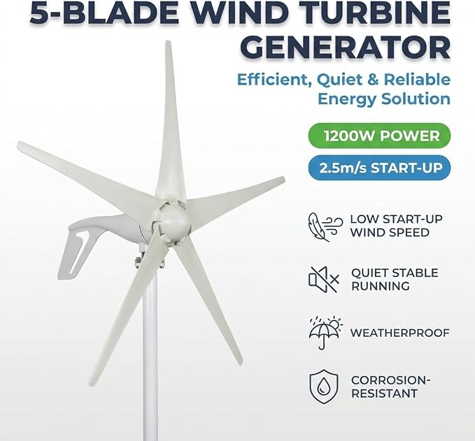 1200W Wind Power Generator, 12V/24V Wind Turbine Kit, 2.5M/s Start Wind-Mill Generator Kit with Charging Controller, DC27–54V, for Home, Farms, Factory, RV Boats, Warehouse, Camps White