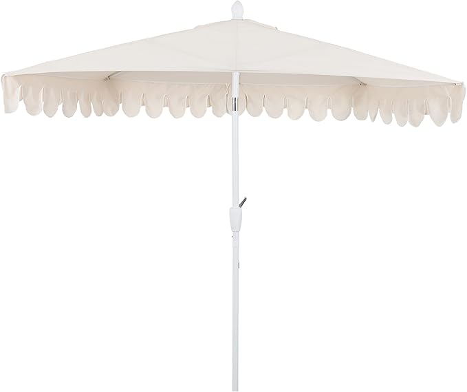 JONATHAN Y Terrace Scalloped 9 ft. Half Round Patio Umbrella with Crank Lift and Tilt, Coastal Semicircle Market Wall Umbrella for Balcony, Cream/White, White Pole UMB1202C