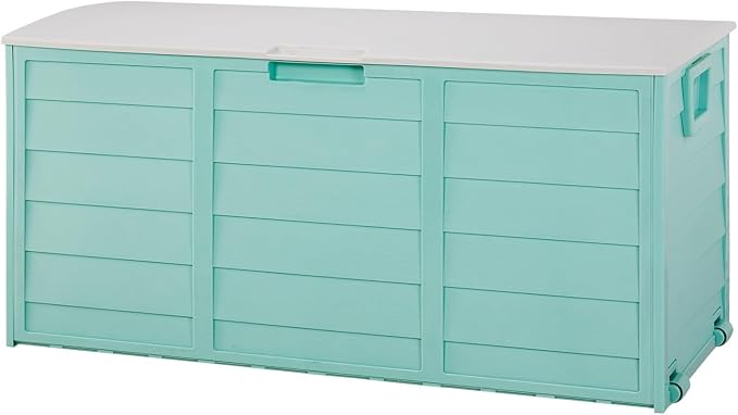75 Gallon Waterproof Outdoor Deck Box with Wheels, Lockable Resin Patio Storage Container for Cushions, Garden Tools, Pool Accessories and Outdoor Supplies, Green White