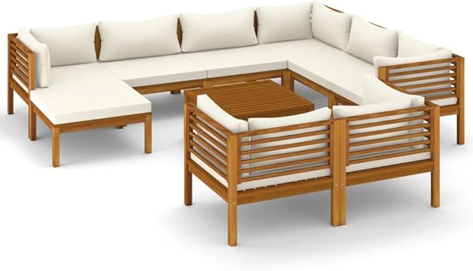 Patio Lounge Set with Cream Cushion,Patio Furniture Sets,Patio Conversation Sets,Outdoor Furniture Sets,for Garden,Backyard,Outdoor,10 Piece Solid Acacia Wood