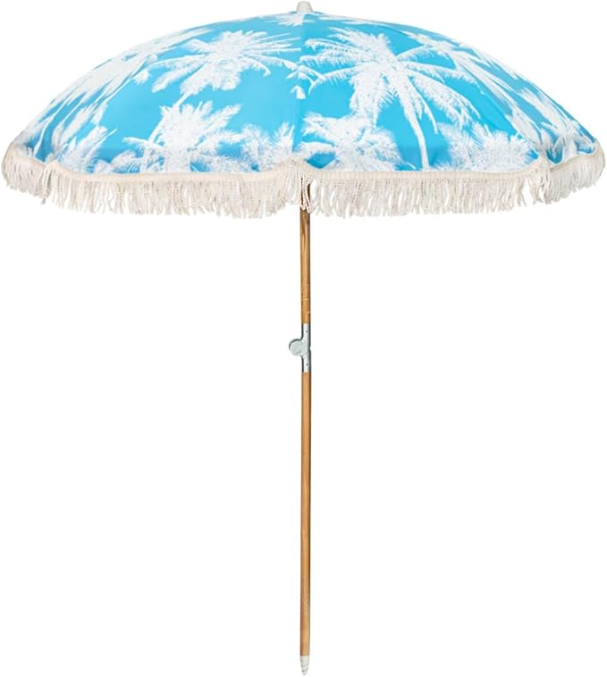 6.5Ft Boho Beach Umbrella with Fringe, Tassel Umbrellas with Tilting Wood Pole & Carrying Bag, UPF 50+ for Beach