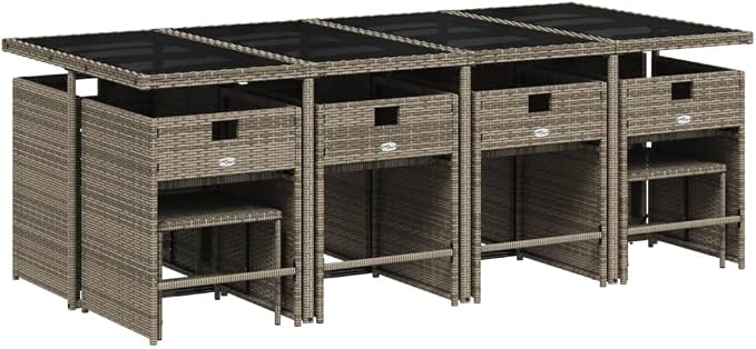 13 Piece Patio Dining Set with Cushions, Outdoor Rattan Dining Table Set for 8, Space-Saving Folding Chairs and Stools, UV Protected Gray Poly Rattan, Tempered Glass Easy 242. 5 lb Capacity