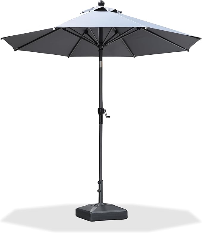 PURPLE LEAF 8' Round Patio Market Umbrella with Base Outdoor Table Umbrellas Aluminum Frame Sun Shade with 8 Sturdy Ribs Tilt for Garden Deck Lawn Pool Light Gray