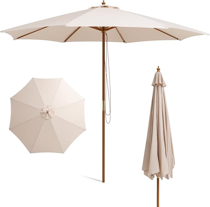 HAPPYGRILL 10 FT Wooden Patio Umbrella with Rope Pulley Lift, 8 Bamboo Ribs, 3 Adjustable Heights, Vented Roof, Outdoor Table Umbrella for Garden Poolside Backyard
