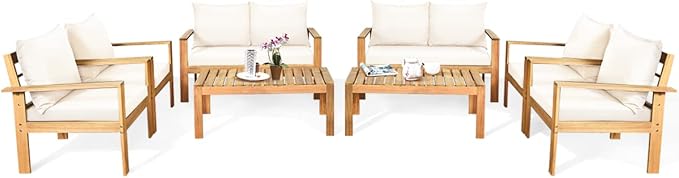 Tangkula Outdoor 8-Piece Acacia Wood Chat Set, 8 Seater Acacia Wood Conversation Sofa and Table Set with Water Resistant Cushions, Teak Finished (2, White)