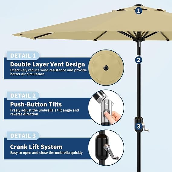 IDEALHOUSE 9Ft Outdoor Patio Umbrella, 8 Sturdy Ribs Table Umbrella With Crank Lift & Push Button Tilt, Market Umbrella UV Protection Waterproof for Garden, Deck, Backyard, Pool