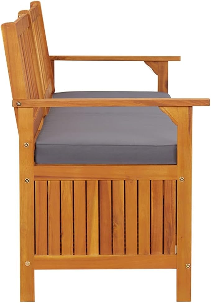 Patio Storage Bench with Gray Cushion, Outdoor Wooden Deck Box, Solid Wood Patio Furniture for Outdoor Cushions, Pool Storage and Garden Tools, 66.9"x24.8"x33.1", -335