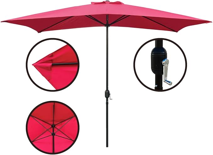 ABBLE Outdoor Patio Umbrella 10 Ft x 6.5 Ft Rectangular with Crank Weather Resistant UV Protection Water Repellent Durable 6 Sturdy Steel Ribs with Easy Handle Crank, Market Outdoor Table Umbrella Red