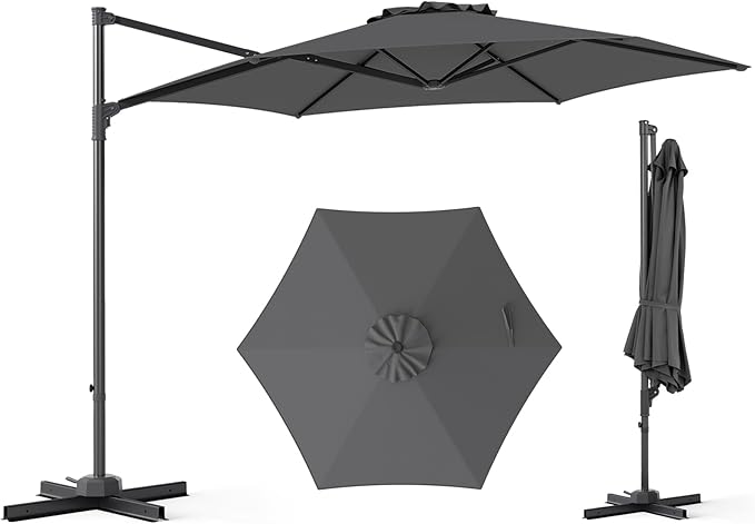 Tangkula 10FT Patio Umbrella, Offset Cantilever Outdoor Umbrella with 360 Degree Rotation, Air Vent, Cross Base for Pool Deck Garden Backyard (Gray)