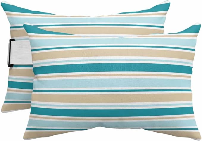 Pack of 2 Outdoor Lumbar Pillow Covers 11x16 Inch, Teal Khaki Striped Waterproof Throw Pillow Covers Set, Farmhouse Stripes Modern Abstract Art Outside Decorative Cushion Cases for Patio Porch Car