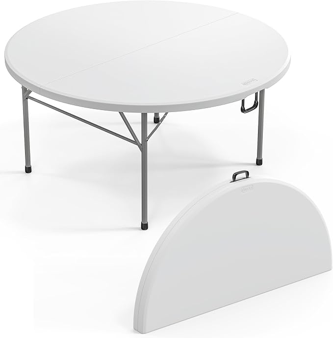 VINGLI White 5 FT Round Bi-Folding Commercial Table, 60 inch Portable Plastic Dining Card Table for Kitchen Party Wedding Event, 2-Pack
