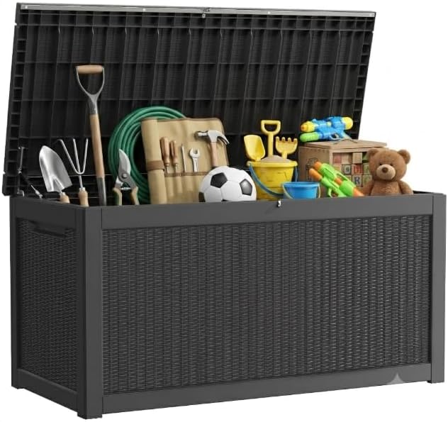 325 Gallon Outdoor Storage Box, Extra Large Waterproof Resin Deck Box with Lockable Lid Storage Bin for Patio Furniture Cushion, Garden Tools, Pool Accessories, UV-Resistant Outside, Black