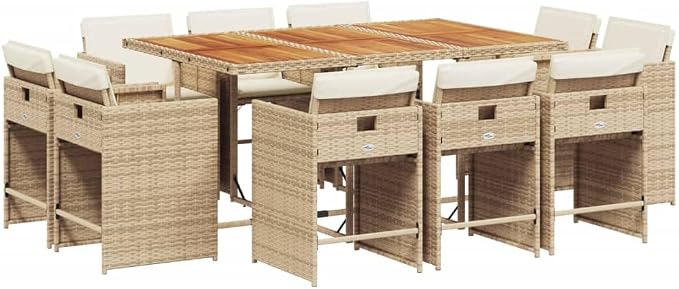 11 Piece Patio Dining Set with Cushions Beige Poly Rattan Outdoor Rattan Dining Table and 10 Folding Chairs for Garden Backyard Relaxation UV Proof Space Saving