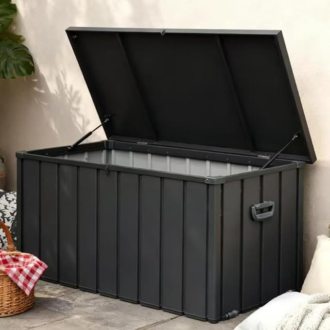 200 Gallon Weatherproof Outdoor Deck Box with UV-Resistant Rustproof Steel Panels & Hydraulic Rod, Garden Tool Chest with Side Handles & Rolling Wheels, Patio Storage Bin with Lockable Soft-Close Lid