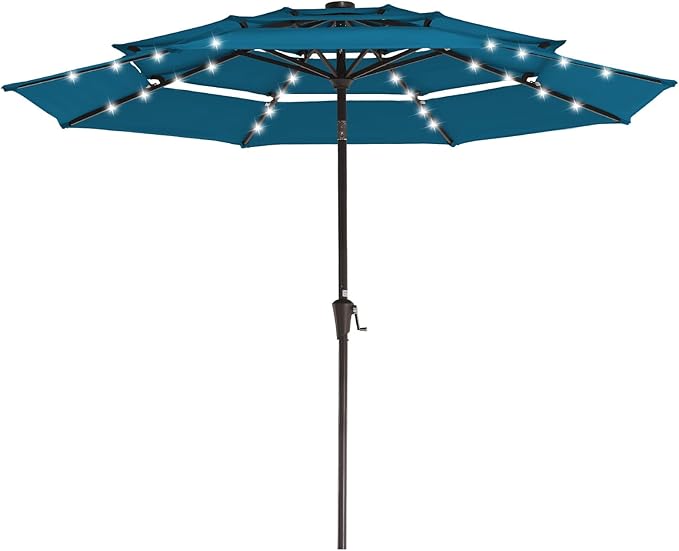 JEAREY 3 Tiers Patio Umbrella with Solar Lights 9ft Outdoor Market Table Umbrellas with Push Button Tilt for Outside Pool Garden, Lake Blue