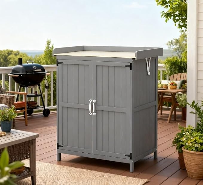 29 Inch Wooden Outdoor Storage Box and Garden Potting Bench with Stainless Steel Tabletop, Double Doors and Hinged Roof for Patio Organization and Tool Storage, Grey