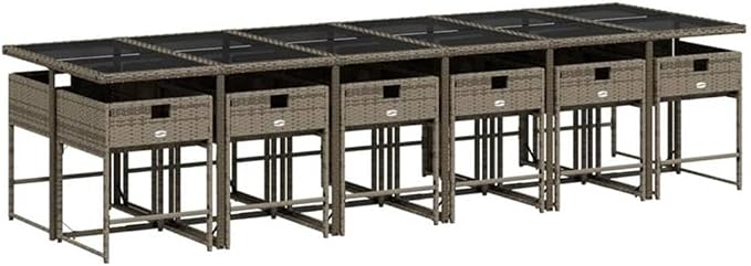 Afuera Living Contemporary PE Rattan Garden Dining Set, Gray Texture, 12-Seater Table and Chairs, Cushioned Seats, Weather-Resistant for Outdoor Patio, Garden, Terrace Dining and Social Gatherings