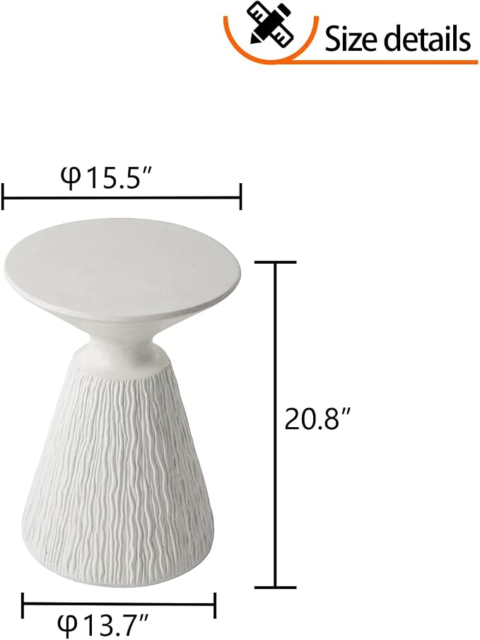 HOMPUS Round Outdoor Side Table, Mushroom MgO Samll Concrete Accent Table, Lightweight Patio End Table, Plant Stand for Paito, Outside, White