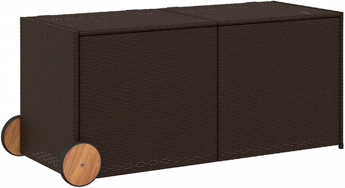 Outdoor Garden Storage Box with Wheels, Wicker Patio Deck Box, Outdoor Rattan Storage Container, Brown 74.8 Gal Poly Rattan