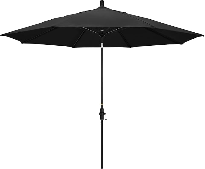 California Umbrella 11Ft Fiberglass Rib Patio Umbrella, Hand-Crank, Tilt-Collar, Black Frame, Solution Dyed Black Fabric