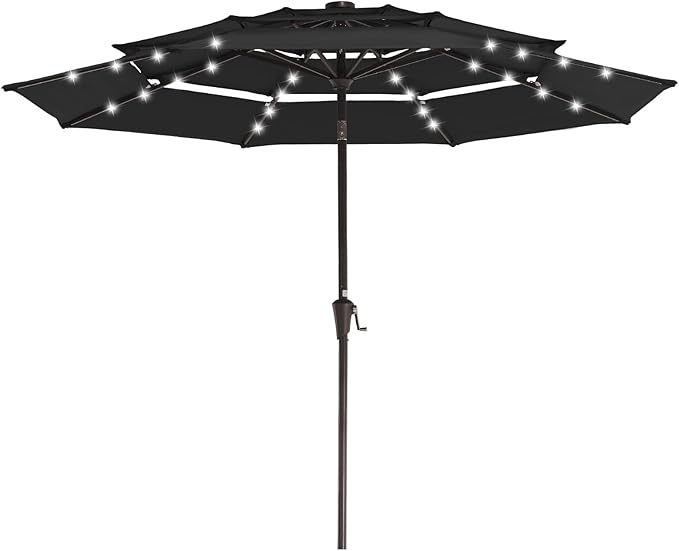 JEAREY 3 Tiers Patio Umbrella with Solar Lights 9ft Outdoor Market Table Umbrellas with Push Button Tilt for Outside Pool Garden, Black