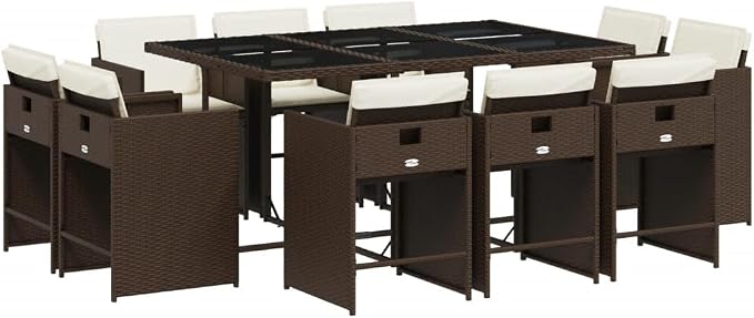 11 Piece Outdoor Dining Set with Cushions, Brown Poly Rattan Patio Furniture for Garden Backyard, Foldable Chairs with Tempered Glass Table, Space-Saving, Weatherproof