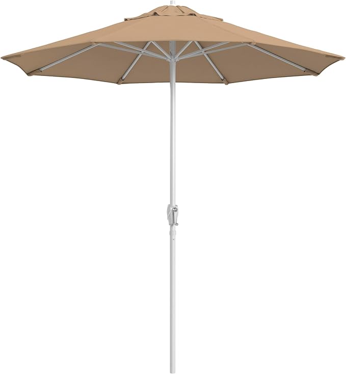 California Umbrella 8-Year Protection 7.5 Ft Outdoor Patio Umbrella, Solstice Fade-Resistant Fabric, Auto-Tilt, Heavy Duty Aluminum Frame, 8 Reinforced Ribs for Pool or Deck, White Pole, Antique Beige
