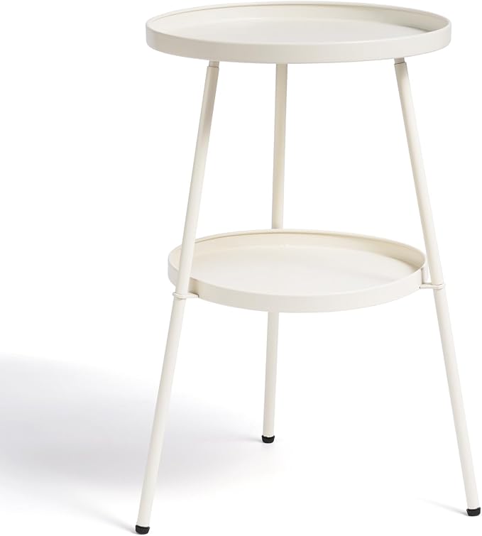 Outvita Outdoor Round Side Table, Small Metal End Table Black Coffee Table for Patio Lawn Garden Living Room Bedroom Sturdy (Double Layer, Creamy White)