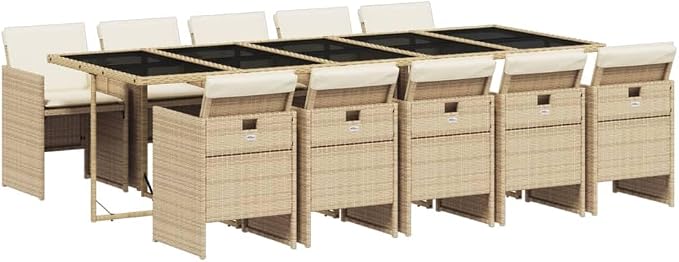 11 Piece Patio Dining Set with Cushions Beige Poly Rattan Outdoor Table and Chairs for Garden Backyard, Space-Saving Foldable, UV-Proof, Tempered Glass Top, Comfortable Seating, 242.5 lb Capacity
