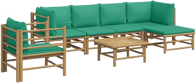 7 Piece Patio Lounge Set with Green Cushions, Sectional Sofa Patio Conversation Set Outdoor Sofa Sets Porch Furniture Set for Exhibition Garden Negotiation Area Piazza Bamboo