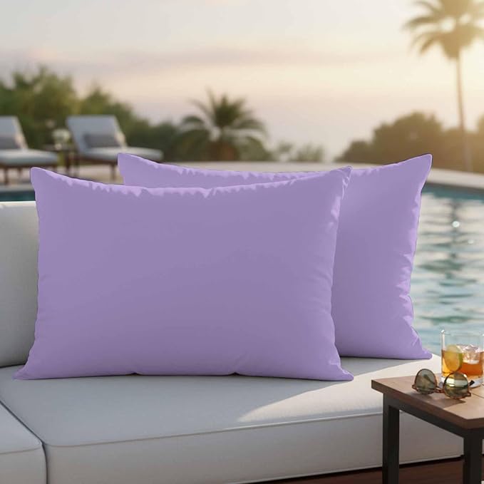 Minimalist Solid Color Outdoor Waterproof Throw Pillow Covers Set of 2, 20"x12", Pure Lavender Purple Simple Decorative Pillow Covers Outside Cushion Case for Patio Porch Garden