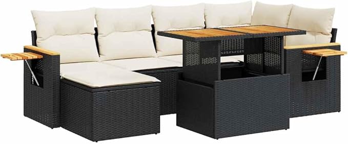 vidaXL 7 Piece Garden Sofa Set Black Poly Rattan with Storage Cushions Acacia Wood Perfect for Outdoor Spaces and Relaxation Patio Lounge Wicker Modular Furniture Conversation