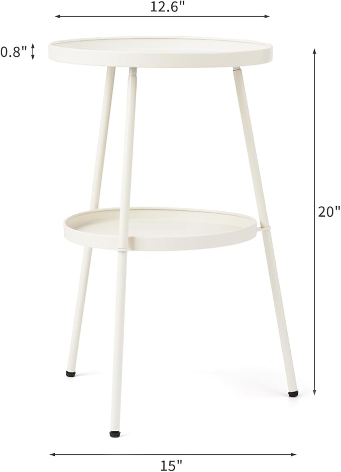 2 Tier Metal Round Side Table, Outdoor End Table for Small Spaces, Indoor Outdoor Nightstand for Living Room, Bedroom or Office (Cream)