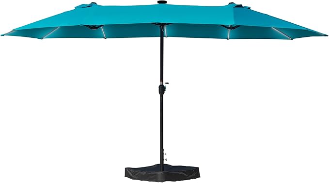 Kozyard 15 FT Rectangular Double-Sided Patio Umbrella with Solar Lights, Outdoor Patio Umbrella with Crank Lift, Base Included, UV-Resistant for Pool, Backyard & Garden Blue