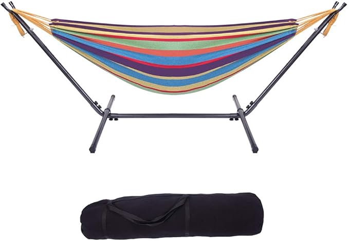 Portable Outdoor Polyester Hammocks Set,Professional Hammock Stand,Outdoor Patio Hammocks,Indoor Swing Hammock Chair Set,with Carry Bag,for Outside Patio Porch Beach Backyard (Colorful Stripe)