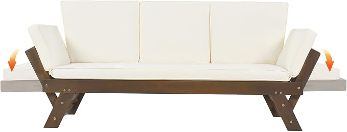 Outdoor Patio Furniture Sets, Adjustable Wooden Daybed Sofa Chaise Lounge, Acacia Wood Couch Sofa Bed with Cushions for Small Places Patio Balcony Poolside Backyard (Brown Finish+Beige cushion 6)