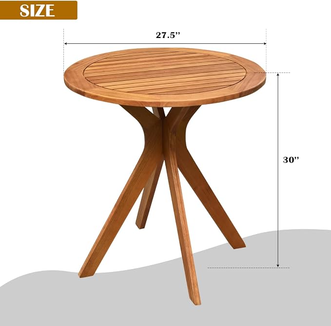 27.5” Outdoor Bistro Table, Eucalyptus Wooden Cafe Table, Round Bar Patio Table, Balcony Table, Side Dinning Table for Garden, Deck & Porch, Teak Finish