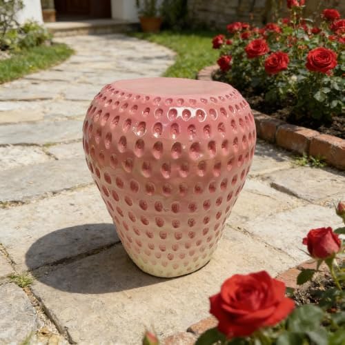 13.4" Strawberry Shaped Resin Stool, Multifunctional Side Table Plant Stand, Creative Indoor Outdoor Garden Home Decor Furniture (Pink Strawberry)