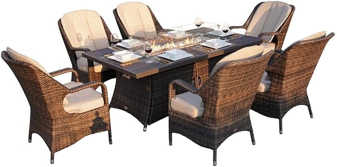 Brown Aluminum 6-Seat Patio Rectangle Firepit Dining Set with Chairs