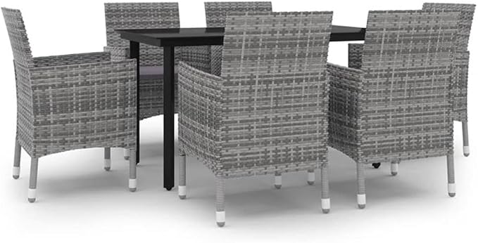 Afuera Living 7-Piece Garden Dining Set, Weatherproof PE Rattan, Gray/Dark Gray/Black, Glass Top Table, Cushioned Chairs, Modern Outdoor Patio Furniture for Terrace or Balcony Dining