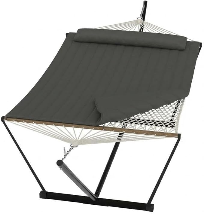 12 ft Double Hammock with Stand, Portable 2 Person Outdoor Hammock with Stand for Patio, Backyard, Garden, Heavy Duty Hammock with Soft Pillow & Balance Ropes, Folding Hammock, Grey