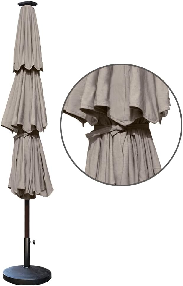 EliteShade USA 10-Year-Non-Fading 9ft 3-Tier Market Patio Umbrella, Commercial Table Umbrella with 80 Solar LED Lights, Crank Open, Windproof & UPF 50+ UV Protection for Garden, Deck, Pool, Backyard, Taupe