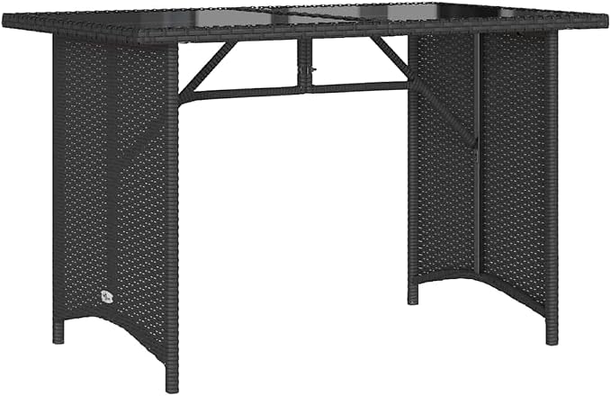 Black Poly Rattan Garden Table with Tempered Glass Outdoor Table and Powder-Coated Steel Garden Frame for Patio Dining
